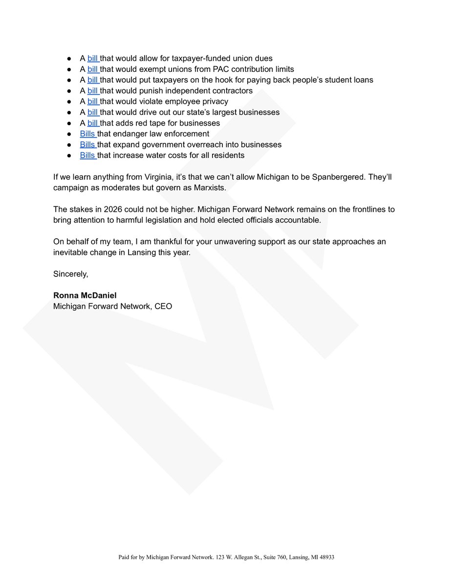 Here's the memo from Michigan Forward detailing how Abigail Spanberger campaigned as a moderate in Virginia, but is pursuing policies that are extreme.

It argues Michigan Dems will "campaign as moderates but govern as Marxists."