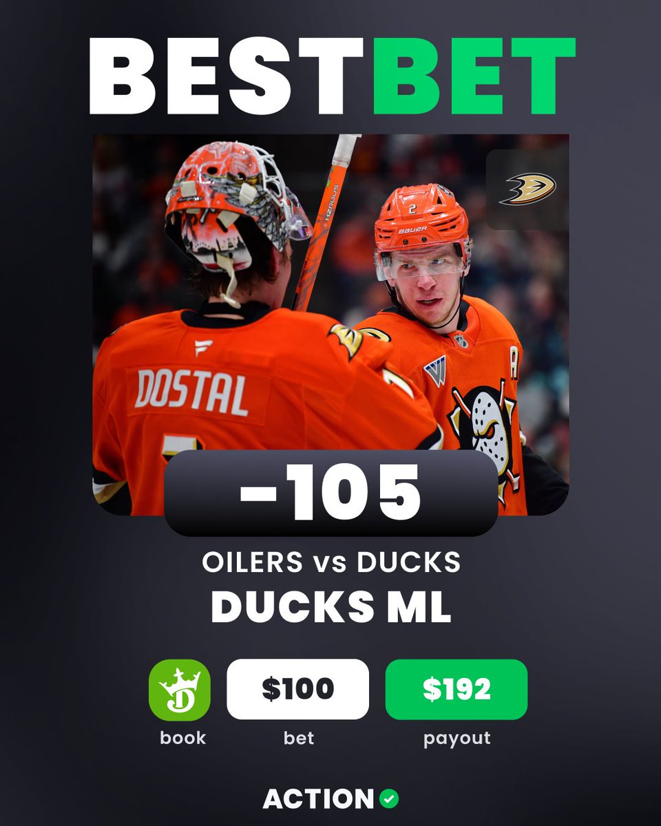ActionNetworkHQ's tweet image. 🏒 WEDNESDAY NHL BEST BET

🦆 DUCKS MONEYLINE
👇 Add Directly To Your Betslip
  bit.ly/ANA0225

🗣️ "Edmonton walks into this game as the slight favorites, and given that it has Connor McDavid and Leon Draisaitl, I can certainly understand. There’s no doubt that both