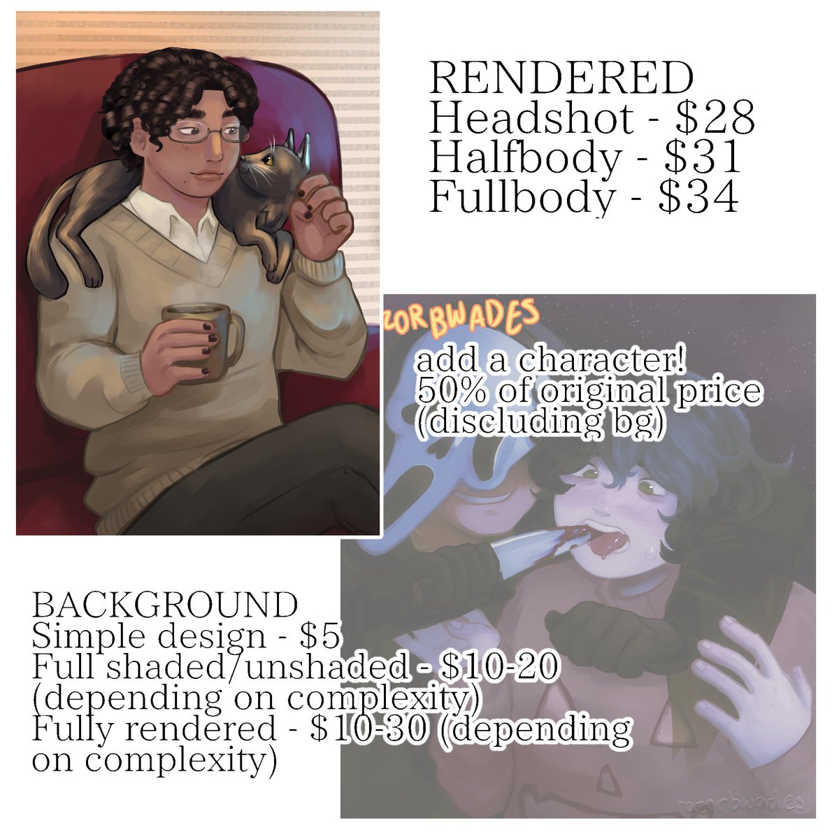 razorbwades's tweet photo. commission info, I'll draw almost anything tbh https://t.co/MuDYQ7Tjba