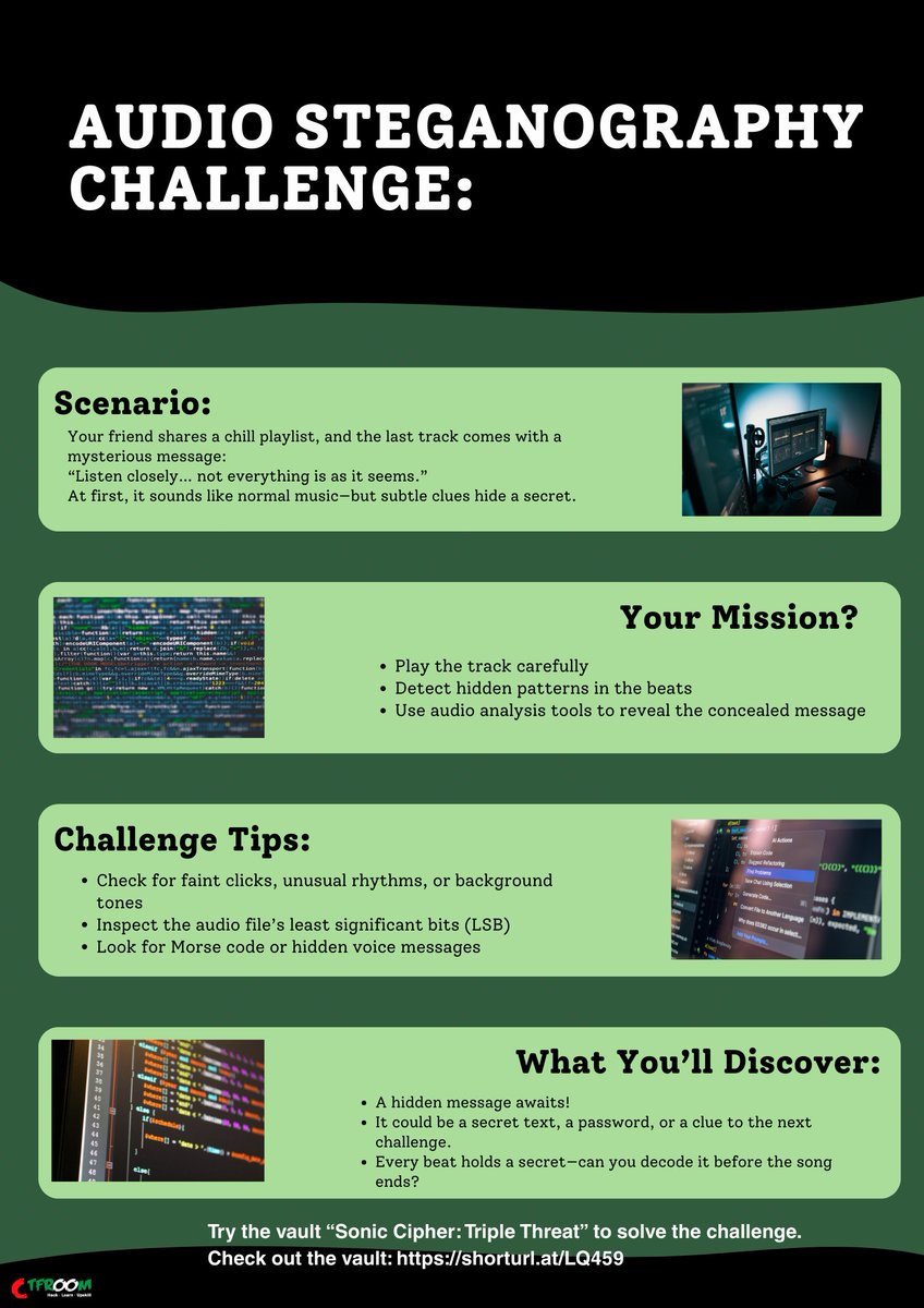 CTF_Room's tweet photo. Listen closely… not everything is as it seems 🎧🔊
Hidden messages lurk in the beats, rhythms, and background tones. Can you decode the secret before the track ends? 🕵️♂️🎶
#AudioStego #HiddenInSound #CTFChallenge #CyberDetective #InfoSecFun #DigitalSecrets #HackTheAudio #CyberSecurity