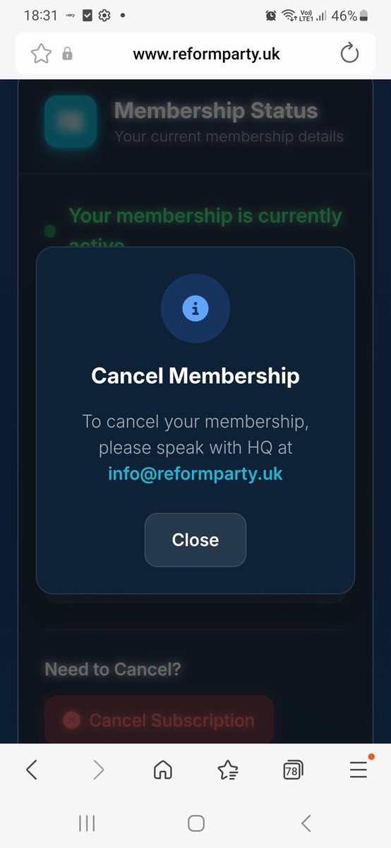 kelly072010's tweet photo. @raelbrav @BasilTheGreat I sent an email a week ago asking to cancel my membership and I'm still showing as an active member on reforms portal https://t.co/mYduqllXJf