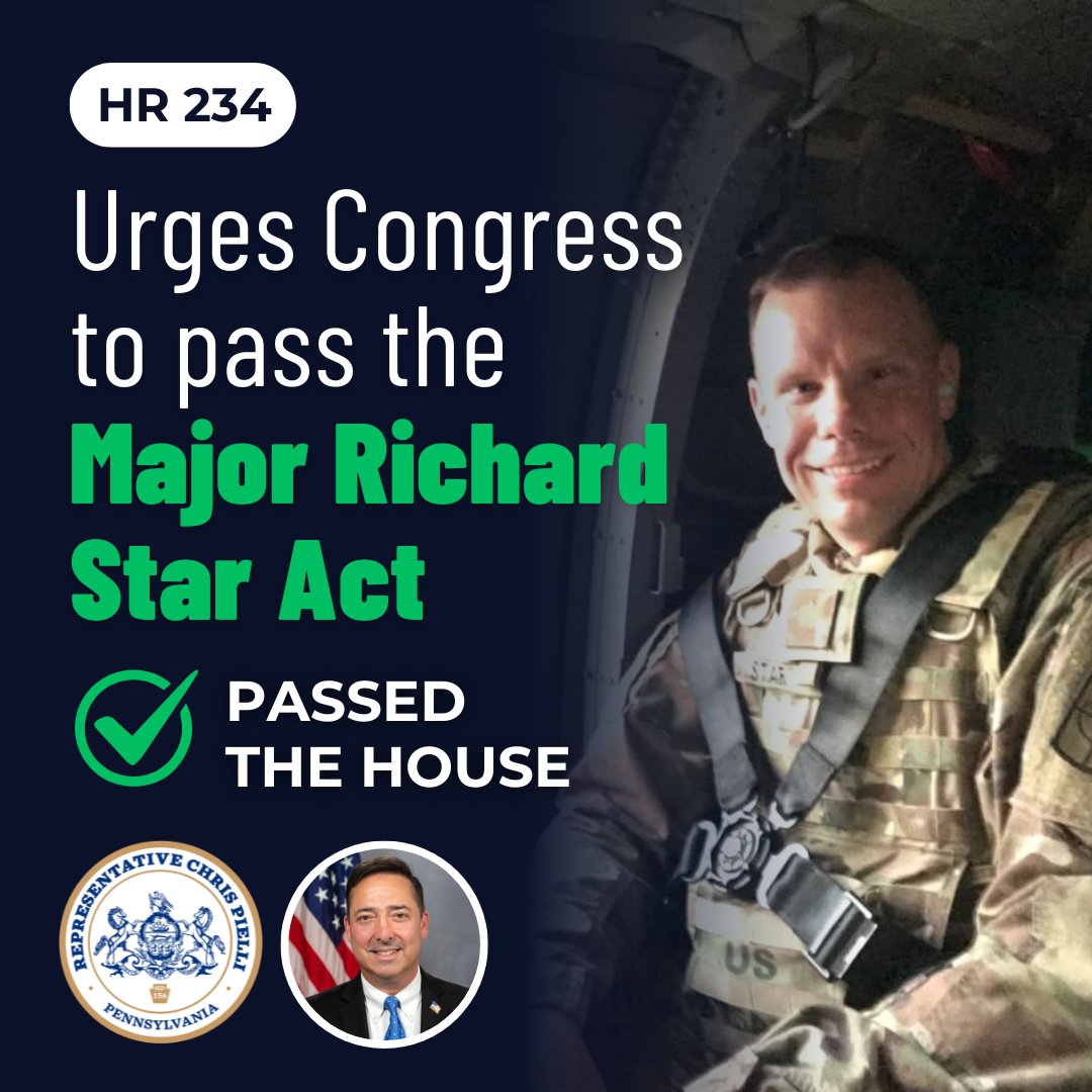 RepPielli's tweet photo. Last year, the PA House passed my Resolution (HR 234) urging Congress to pass the Major Richard Star Act. The Act ensures that medically retired veterans have access to military retirement pay and Dept of Veterans Affairs disability benefits. Read more: https://t.co/cErmEESQda https://t.co/gO71d06gcQ