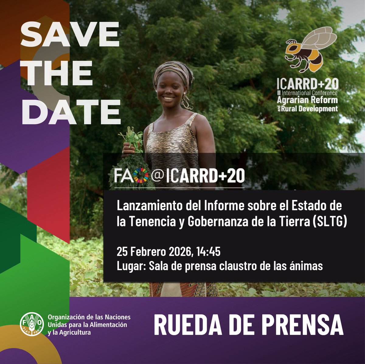 📣 #HOY 
En el marco de #ICARRD20 realizaremos una rueda de prensa previa al lanzamiento del Informe sobre el Estado de la Tenencia y Gobernanza de la Tierra.

🗓 25 de febrero
🕒 2:45 p.m.
📍 Sala de prensa, Claustro de las Ánimas

#MejorProducción🌱