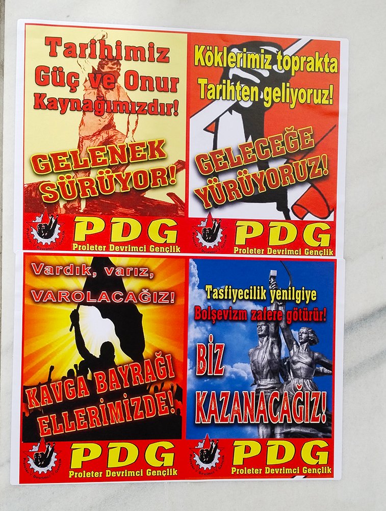 Üniversite çevrelerine ve emekçi semtlere, “Tarihimiz güç ve onur kaynağımızdır!”, “Köklerimiz toprakta tarihten geliyoruz! Geleceğe yürüyoruz!”, “Tasfiyecilik yenilgiye Bolşevizm zafere götürür! Biz kazanacağız!” yazılı ve #PDG imzalı pullamalar yapıldı.
tinyurl.com/2ca6a53r