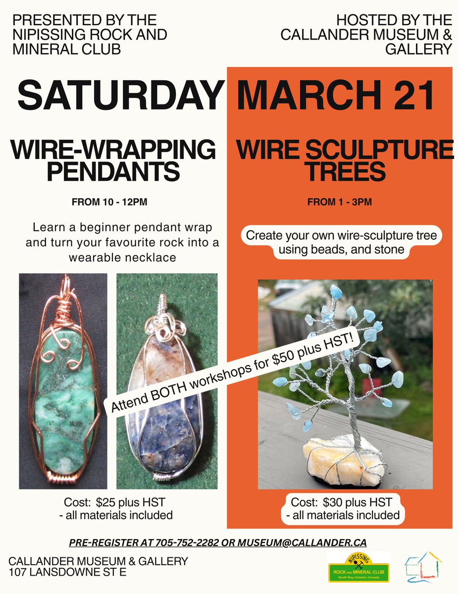 We have 5 spots left for the pendant wrapping AM session and only 1 spot left for the wire tree sculpture in the PM! If you're interested get in touch with us via email at museum@callander.ca or phone at 705-752-2282!
#callander #northbay #fun #museum