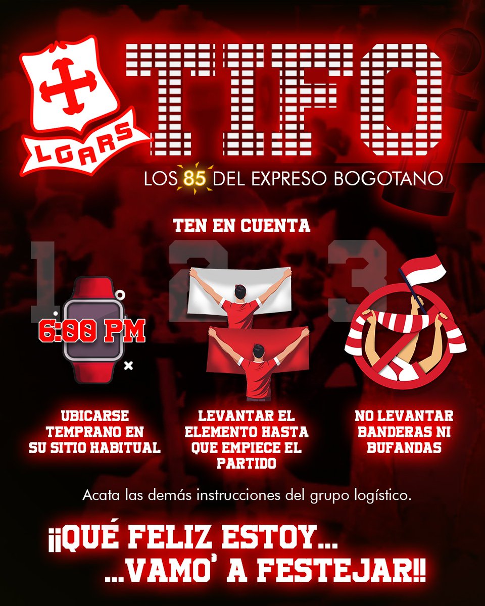 📢 Oído Muchachos! HOY se viene una nueva fiesta 🟥⬜ 

Recomendaciones tifo curva sur:

1. El tifo se llevará a cabo en el partido de los #Leones.
2. A partir de las 5:30pm recibe el elemento que le corresponde a tu silla y NO TE CAMBIES DE LUGAR.
3. Cuando salga el equipo,