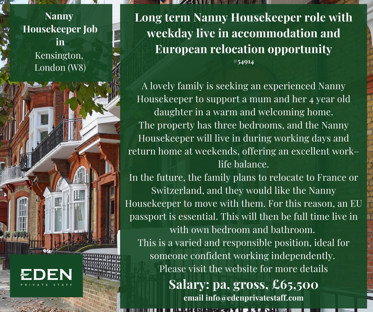EdenPrivateStaf's tweet photo. Nanny Housekeeper Job | Weekday Live-In | European Relocation

👉 Get in touch to learn more

https://t.co/1HeAHyz9aI

#NannyHousekeeper #LiveInNanny #WeekdayLiveIn #EuropeanRelocation #LongTermNanny #PrivateFamily #ProxyParenting #DomesticStaffJobs https://t.co/RAKFiNJRsq