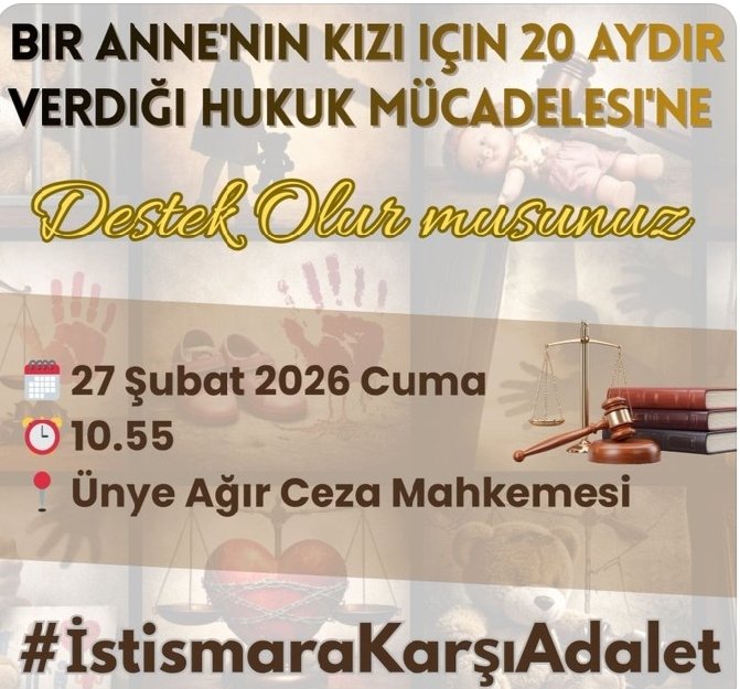 Çocukların en yakınları tarafından hatta babası tarafından istismar edilerek özgürlüklerini kişiliklerini yok eden bu kadın ve çocuk düşmanı kişilere yargının en ağır cezayı vermesini bekliyoruz

Adaletin sessiz kalmamasını istiyoruz
27.02.2026 saat:10.55
#İstismaraKarşıAdalet