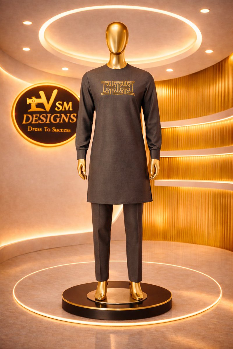 New: knee-length tunic + slim-fit trousers with gold detail — sharp tailoring, instant polish. Limited run — DM to order. WhatsApp +2347012982468 #menswear #tailored #MamixJossGawin