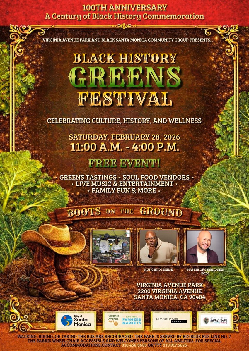 Airport2Park's tweet photo. Black History Greens Festival, “Boots on the Ground,” Celebrating culture, history and wellness. Saturday, Feb. 28 from 11 a.m. - 4 p.m. at Virginia Avenue Park!  Live cooking demos, book readings, music, dance, and local vendors. #blackhistory #blackjoy #parkequity https://t.co/MGbz35utjc