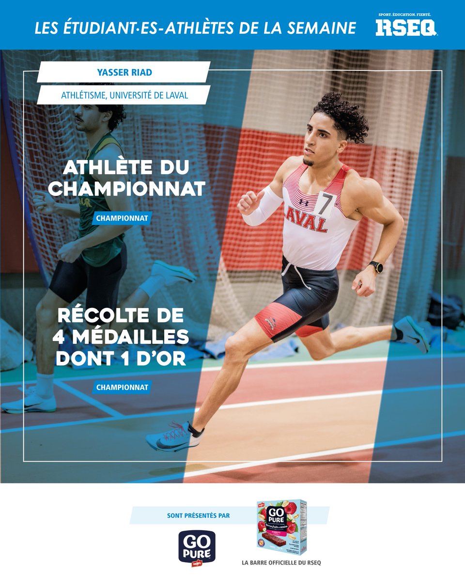 RSEQ1's tweet photo. [SECTEUR UNIVERSITAIRE]

Voici les étudiant·es-athlètes de la semaine pour le secteur universitaire, présentés par Go Pure, la barre officielle du RSEQ :

⭐Maria Thérésa Ulysse (Athlétisme) @carabins
⭐Yasser Riad (Athlétisme) @rougeetor
Bravo !
#RSEQ #sport #éducation #GOPURE https://t.co/3ByedMEbbf