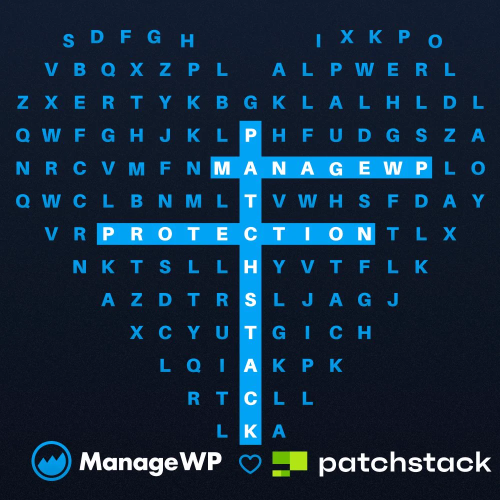 A heart-shaped word puzzle featuring the words "MANAGEWP," "PROTECTION," and "PATCHSTACK" in bold blue letters. 