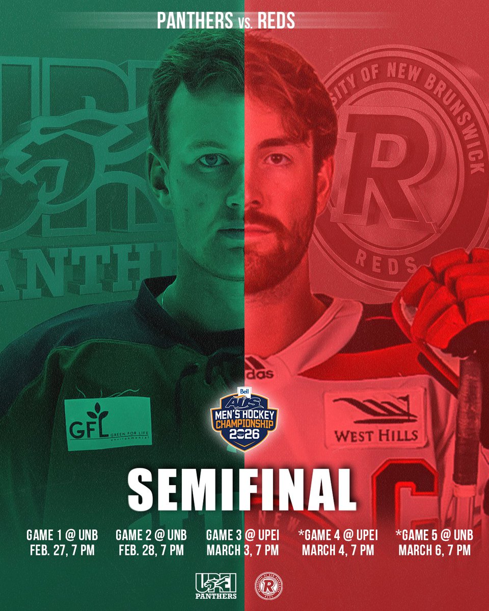 UPEIPanthers's tweet photo. The benchmark in Atlantic hockey. Seven consecutive AUS championships.

Now it’s our turn to measure up.

Panthers vs. Reds.
AUS Semifinal.
Best-of-five.

🚌 Game 1 – Friday, 7 PM @ UNB
🚌 Game 2 – Saturday, 7 PM @ UNB
🏠 Game 3 – March 3, 7 PM @ UPEI
🏠 Game 4 (if necessary) – March 4, 7 PM @ UPEI
🚌 Game 5 (if necessary) – March 6, 7 PM @ UNB

Get your tickets🎟️ TODAY: https://t.co/CIfIEI8s4s

#GoPanthersGo | #Hockey | #Playoffs
