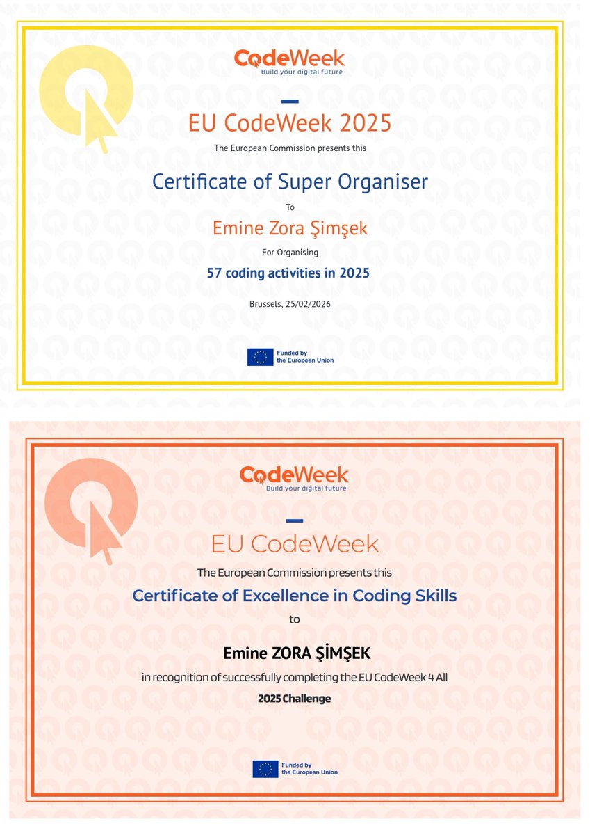 emineZoraSimsek's tweet photo. Öğrencilerimizle @CodeWeekEU 2025 kapsamında 57 farklı kodlama etkinlği gerçekleştirdik.Etkinliklerimizin ardından Super Organiser ve CodeWeek 4 All 2025 Challenge sertifikaları ile sürecimiz belgelendi.@CodeweekTurkiye @ScientixTurkiye @scientix_eu @tcmeb @ahmetli_mem @il_mem_45 https://t.co/ehnC7fjyzn