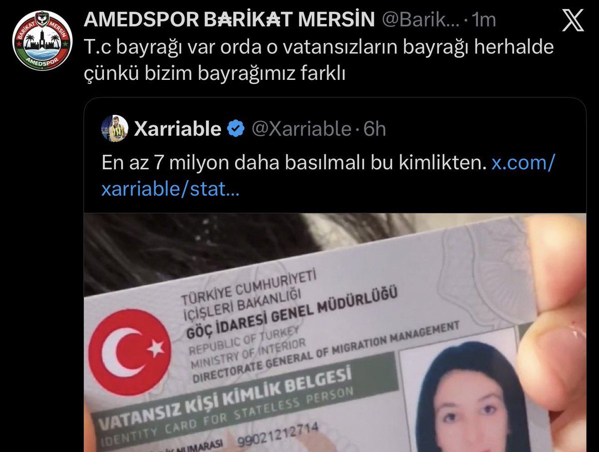 Mersin gibi şehirlerimize buyurduğumuz zihniyete bakın.

Neden mi bu vatansız kimliğini derhal standart haline getirmeliyiz, işte örnek olmuş.