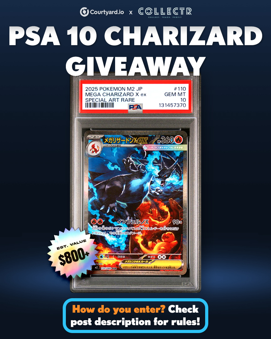We teamed up with <a href="/getcollectrapp/">Collectr - TCG Collector App</a> to give away a PSA 10 Mega Charizard SAR for #PokemonDay! 🎉🔥

How do you enter?
✅ Like and RT
✅ Follow @courtyard_io + <a href="/getcollectrapp/">Collectr - TCG Collector App</a>
✅ Tag 2 friends OR drop your fav Pokémon

Ends 3/6 @ 12PM PT. Bonus entry? 👀⬇️