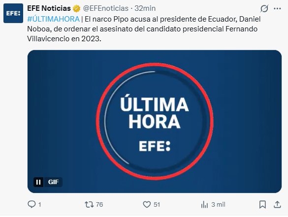 EcEnDirecto's tweet photo. #ATENCIÓN 
Según @EFEnoticias, el narco "Pipo" acusa al presidente de Ecuador, @DanielNoboaOk, de ordenar el asesinato del candidato presidencial Fernando Villavicencio en 2023. https://t.co/nBRjvalipP