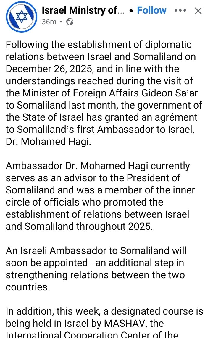 AdemVagaze's tweet photo. Somaliland has appointed a full ambassador to Israel. Israel, in turn, has accepted the ambassador’s credentials. Meanwhile, President Ciro will soon visit Tel Aviv. Somalia is feeling ongoing frustration over Somaliland’s diplomatic moves. https://t.co/zRrQue7IUg