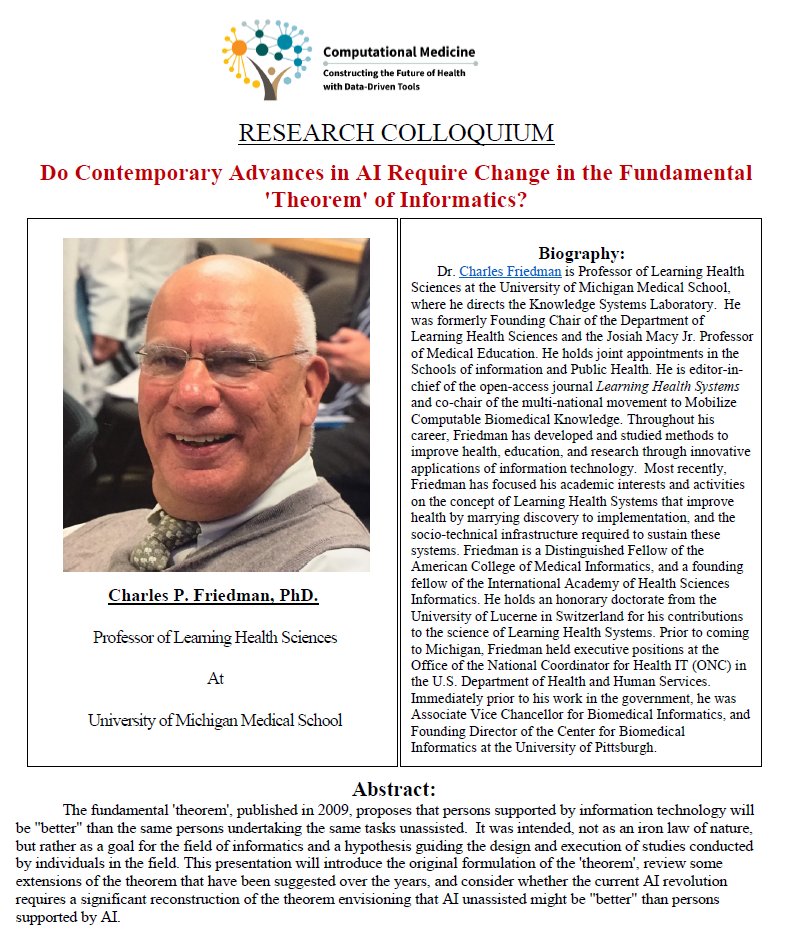 StanfordCompMed's tweet photo. “Do Contemporary Advances in AI Require Change in the Fundamental 'Theorem' of Informatics?”  
Charles P. Friedman, PhD.  
Thursday, February 26th, 2026   
12:00 to 1:00 pm PST  
Live Stream: https://t.co/qH3qdU4BvY
Webinar ID: 978 8759 6012  
Webinar Passcode: 420642 https://t.co/w50Aae6lru