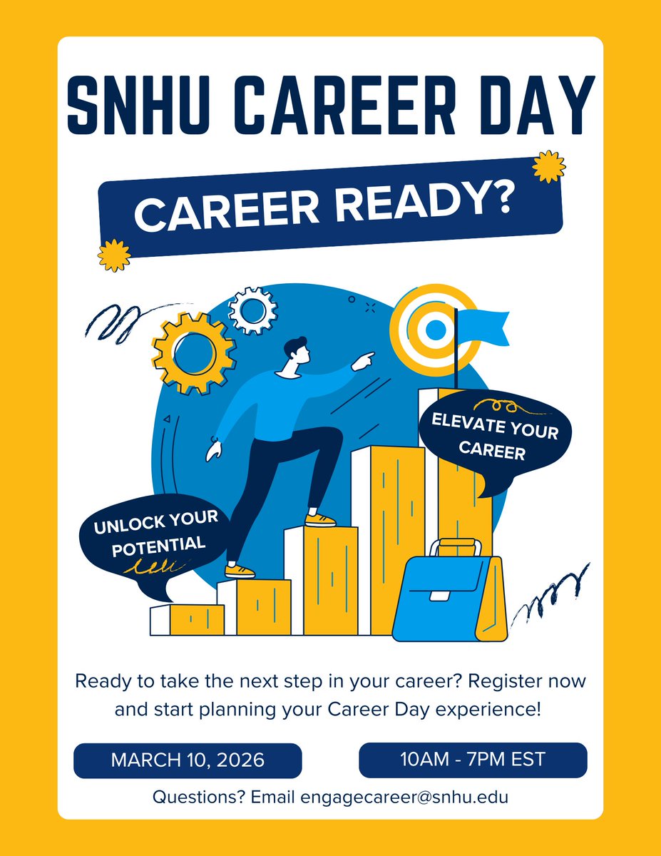 Career Ready? 🎓💼

📅 March 10, 2026
⏰ 10:00 AM – 7:00 PM EST
🌎 Virtual + Free

Whether you're launching, pivoting, or leveling up, this is your day.

One session or all of them.

Your schedule. Your future.

REGISTER: events.blackthorn.io/en/1N1TpJJ7/g/…

#SNHUCareerDay #CareerReady #SNHU