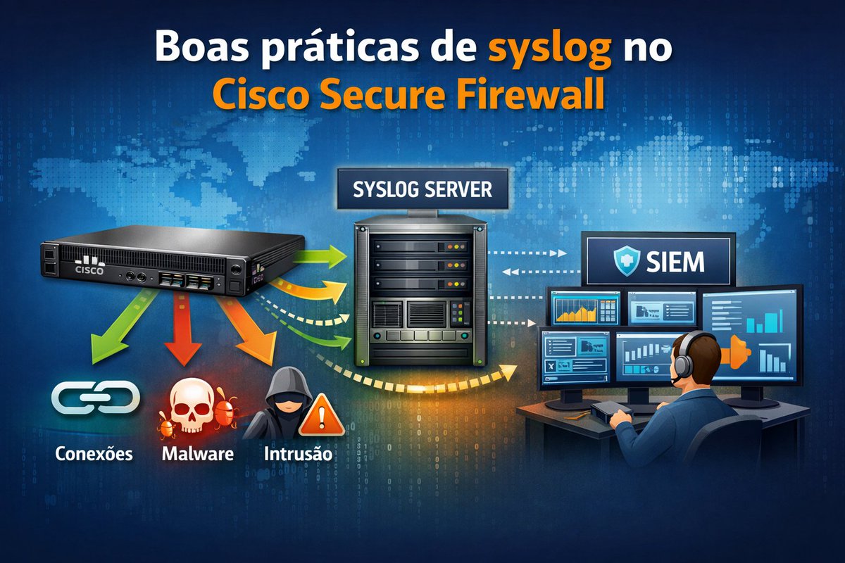 brainworkblog's tweet photo. 🔐 Syslog no Cisco Secure Firewall: visibilidade começa nos logs

Configurar corretamente o syslog no Cisco Secure Firewall Threat Defense é fundamental para monitorar eventos de segurança, investigar incidentes e integrar o firewall a plataformas de SIEM.

No novo post do Brainwork, apresentamos as boas práticas recomendadas pela Cisco, com foco em logging consistente e acionável.

📌 Passos resumidos para configuração de syslog no FTD:

1️⃣ Preparação do ambiente
• Verifique se as políticas geram eventos no FMC
• Confirme conectividade com o servidor de syslog
• Defina IP, porta e protocolo (UDP ou TCP)

2️⃣ Platform Settings (FTD)
• Configure o servidor de syslog
• Habilite timestamp e device ID
• Defina formato de log (EMBLEM, se aplicável)

3️⃣ Access Control Policy – Logging
• Utilize as configurações de syslog do Platform Settings
• Defina severidade (opcional)
• Ative logs de arquivos e malware, se necessário

4️⃣ Security Intelligence
• Habilite logging para DNS, Networks e URLs
• Registre início e fim de conexões suspeitas

5️⃣ Regras de acesso
• Ative logging por regra
• Escolha início, fim ou ambos
• Evite excesso de logs desnecessários

6️⃣ Política de Intrusão
• Ative Syslog Alerting
• Reutilize o syslog padrão ou defina host específico
• Faça commit das alterações

👉 Um logging bem configurado melhora a detecção de ameaças, reduz ruído e fortalece a resposta a incidentes.
#CiscoSecureFirewall #Syslog #FirewallCisco #SegurançaDaInformação #SOC #SIEM #ThreatDefense #BlueTeam #Brainwork
