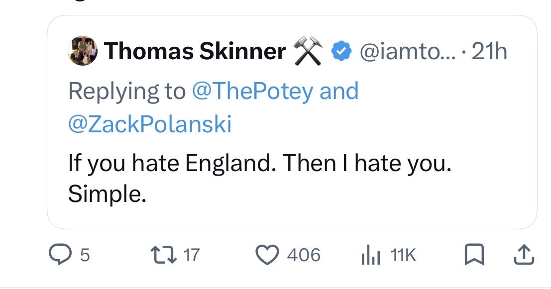 Family man <a href="/iamtomskinner/">Thomas Skinner ⚒</a> lovely all round bloke showing his true racist colours… what a cunt