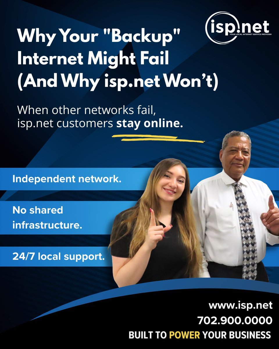 ISPNetInternet's tweet photo. Most businesses think they have a backup internet plan until a construction crew hits a conduit and everything goes dark.
If your primary and backup internet share the same trench, fiber path, or provider infrastructure, your “backup” isn’t a backup at all. It’s a single point of failure.
At https://t.co/J77YKzhyxb, backup means true path diversity.
Our network is built completely independently of national providers. No shared conduits. No shared infrastructure. No waiting on third parties to fix problems that impact your business.
We own the entire stack, from our data centers to the equipment in your building. Our in-house team designs, installs, monitors, and supports everything 24/7, right here in Las Vegas. Even our internal systems are built and managed by our own technicians to maintain full control and accountability.
When other networks go down, https://t.co/J77YKzhyxb customers stay online.
Stop relying on shared infrastructure.
Choose connectivity that actually stands on its own.
📞 Call 702.900.0000 or visit https://t.co/J77YKzhyxb to learn more.
#ispnet #LasVegasInternet #ReliableInternet #LocalInternet #HighSpeedInternet #CustomerFirst #LasVegas #StayConnected #SupportLocalVegas
