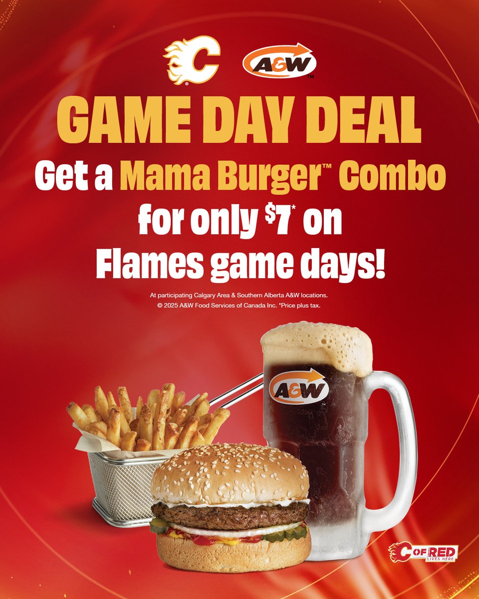 NHLFlames's tweet image. Our @AWCanada Game Day Deal = 🙌

On #Flames game days, go grab a Mama Burger Combo for $7 at participating #yyc and Southern Alberta A&amp;amp;W locations!
