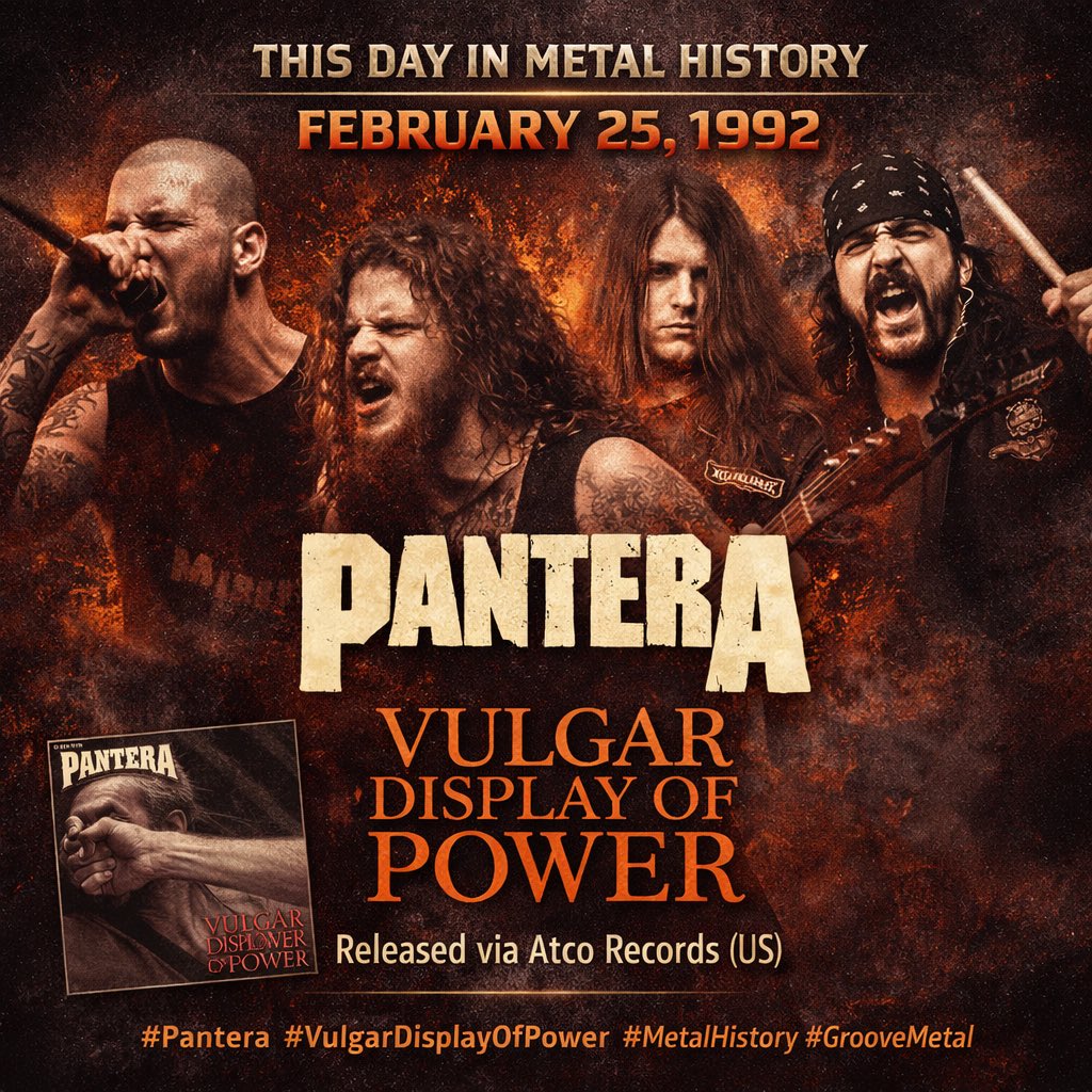 noconsideratio3's tweet photo. PANTERA – Vulgar Display of Power Released via Atco Records (US)
On February 25, 1992, Pantera released Vulgar Display of Power, the Texas band’s sixth studio album and a defining groove metal landmark. Featuring “Walk,” “Mouth for War,” and “This Love”. https://t.co/tWPeqrphFf