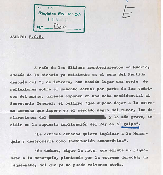Ahí tenemos en uno de los documentos desclasificados al PCE haciendo gala de su cierre de filas con el nuevo Estado democrático y su monarca. No dejaban ni para Fraga.