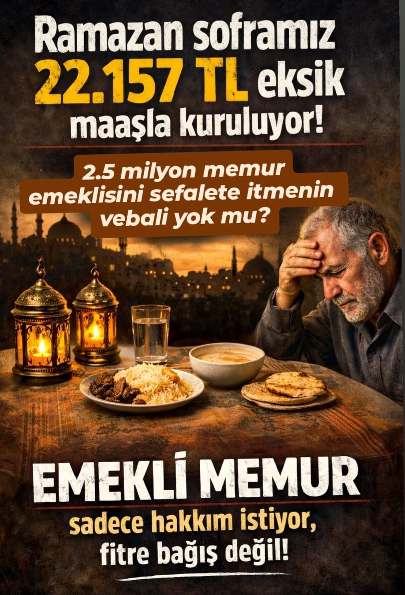 <a href="/cemilesultannn/">Cemile_K</a> <a href="/herkesicinCHP/">CHP 🇹🇷</a> <a href="/iyiparti/">İYİ Parti</a> <a href="/zaferpartisi/">Zafer Partisi</a> <a href="/MHP_Bilgi/">MHP</a> <a href="/SaadetPartisi/">Saadet Partisi</a> <a href="/Akparti/">AK Parti</a> <a href="/rprefahpartisi/">Yeniden Refah Partisi</a> <a href="/tipgenelmerkez/">Türkiye İşçi Partisi</a> <a href="/anahtarparti/">Anahtar Parti</a> <a href="/devapartisi/">DEVA Partisi</a> <a href="/GelecekPartiTR/">Gelecek Partisi</a> Ramazan soframız 22.257 TL eksik maaşla kuruluyor, bunun vebali yok mu? Alamadığımız her şeyin vebali sandıkta çıkacaktır!
#EmekliMemur 
#MemurEmeklisineAdalet