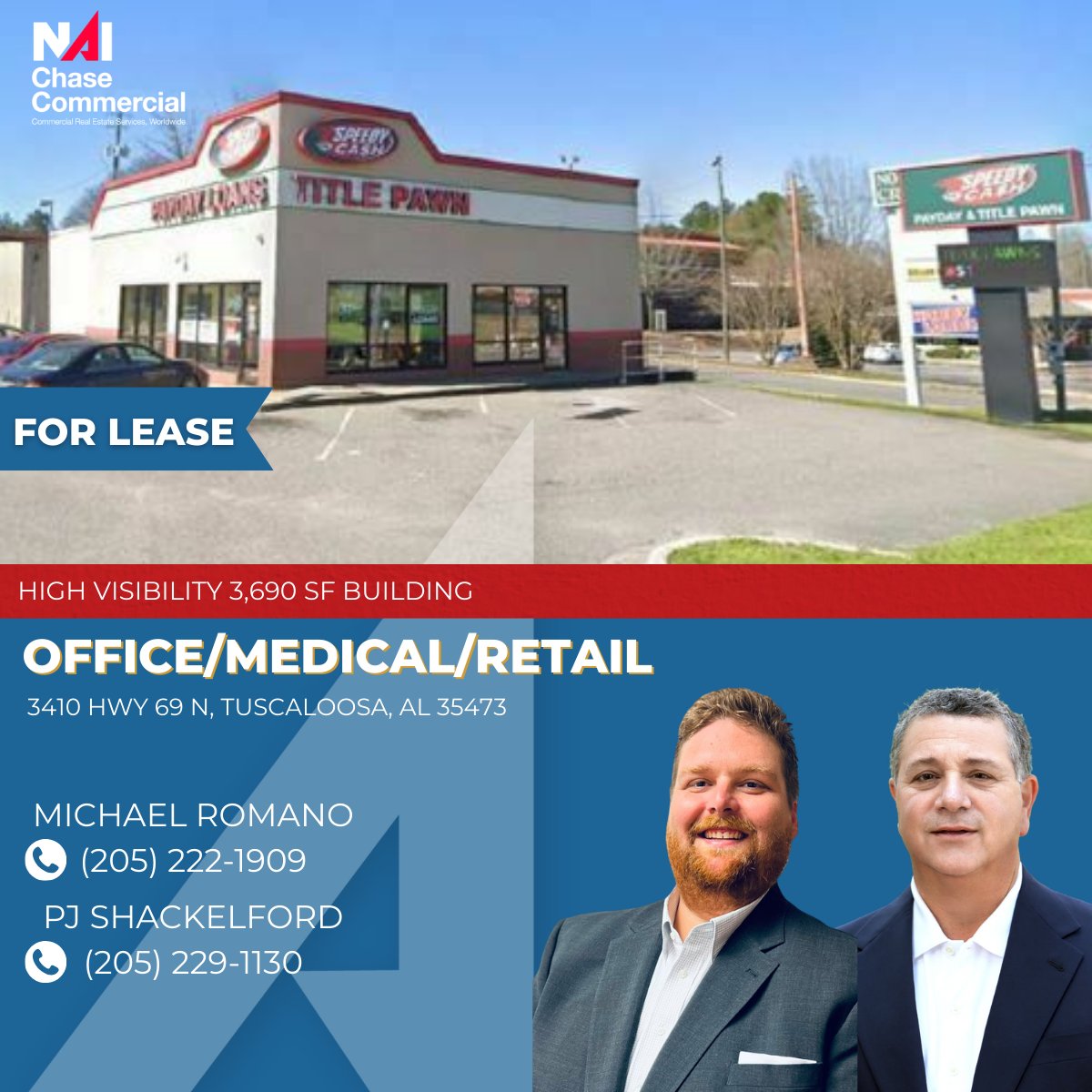 NAIChase's tweet photo. Now Leasing: 3,690 SF freestanding building at 3410 Highway 69 N in Northport.

High visibility. Monument signage. Retail/Medical/Office flexibility.

🔗 https://t.co/NAMFfwZPLJ
📞 PJ Shackelford (205) 229-1130
📞 Michael Romano (205) 222-1909

#ForLease #CRE #NorthportAL https://t.co/6y4ARfAuoI