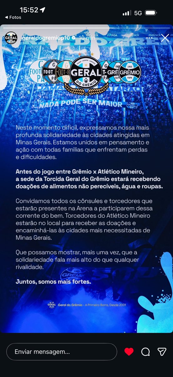 🚨 ATENÇÃO:

Sede da Geral do Grêmio estará recebendo doações para as cidades de Minas Gerais atingidas pelos desastres.

Torcedores do Galo que estão em POA irão levar para Minas.

Baita ação! Vamos ajudar!

Endereço da sede: Luiz Carlos Pinheiro Cabral 137