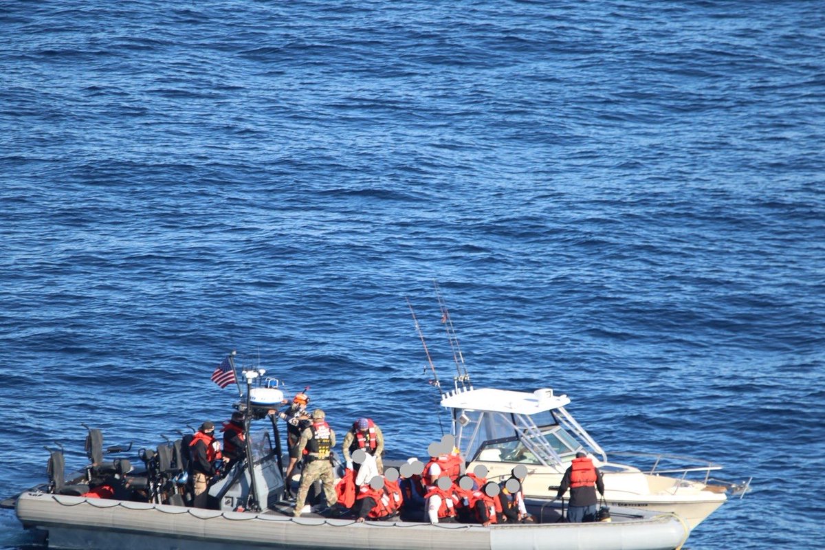 USCG's tweet photo. Defending America’s territorial integrity through layered border security.
 
Over the weekend, @USCG Cutters Forrest Rednour and Haddock, alongside @USNavy and @DHS partner agencies, interdicted multiple vessels north of the Maritime Boundary Line and embarked 82 aliens attempting unlawful entry.
 
Always ready, Coast Guard men and women continue operations to control, secure, and defend U.S. borders and maritime approaches, where defense of America begins.
 
Read more here: https://t.co/0P9vvj0e2R

#USCG #MaritimeSecurity #ImmigrationEnforcement #EveryWarEveryShore