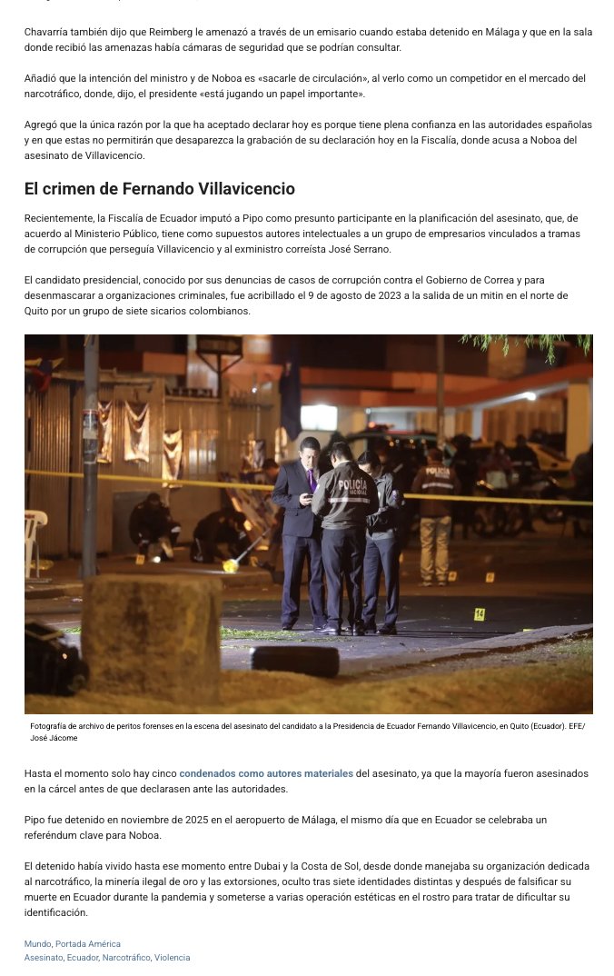 ‼️#URGENTE 
Según <a href="/EFEnoticias/">EFE Noticias</a>, Wilmer Chavarría, alias Pipo, acusa al presidente Noboa de ordenar el asesinato de Fernando Villavicencio en 2023. Ante la Fiscalía de España, declaró que el crimen se ordenó ante el temor de que el excandidato ganara las elecciones. Afirmó que el