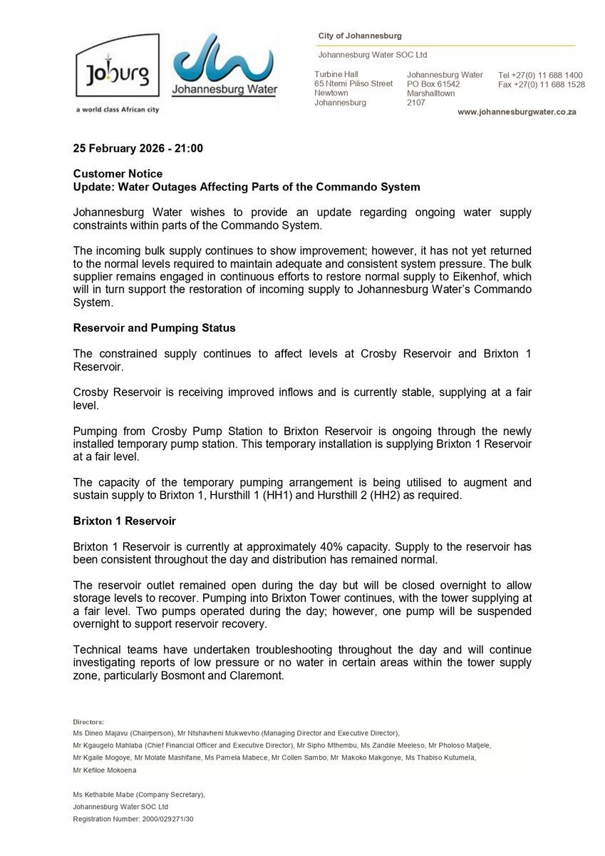 JHBWater's tweet photo. #JoburgUpdates
Water outages in parts of #CommandoSystem. ^PM https://t.co/sF5Bq7dcoS
