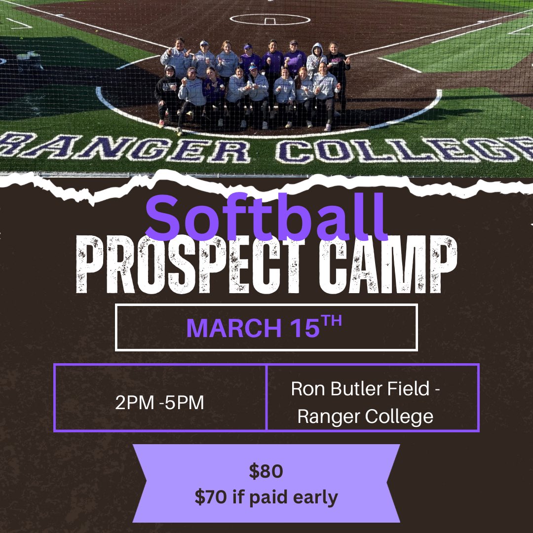 RangerCollegeSB's tweet photo. 🚨🚨🚨We’re excited to host our upcoming Softball Prospect Camp! This is your chance to showcase your skills, compete, and experience what our program is all about. 

Click the link to sign up!
🔗 https://t.co/Fg6Fmzo3Py https://t.co/ZsKezGgcxU