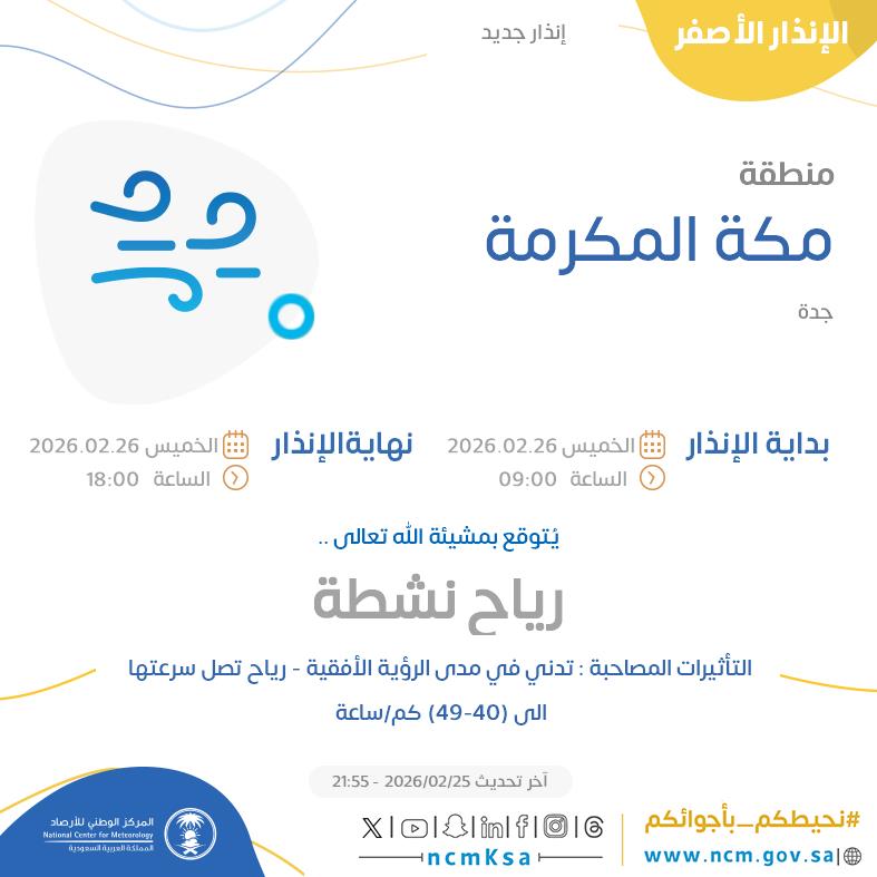 NCMKSA's tweet photo. الإنذار الأصفر - #منطقة_مكة_المكرمة - #جدة  

للتفاصيل  https://t.co/7TyB83gRnC 

#الإنذار_المبكر #طقس_السعودية
#المركز_الوطني_للأرصاد https://t.co/AvUfhm0qJA