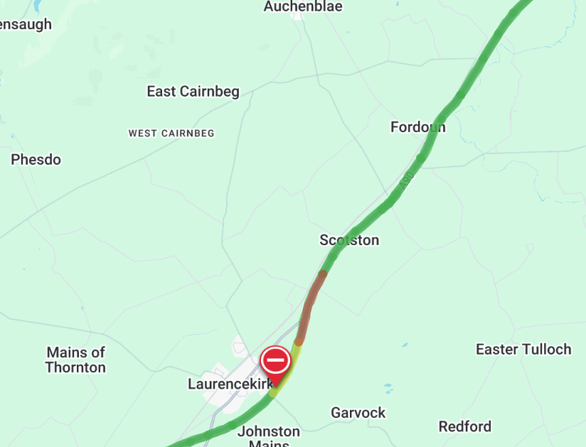 trafficscotland's tweet photo. NEW❗️⌚️18:57

#A90 Laurencekirk 

⛔️CLOSED Southbound due to a vehicle fire  

🚔Emergency services are at scene

❗️Motorists are advised to #UseAltRoute at this time

@NETrunkRoads https://t.co/yitQG8MnPL