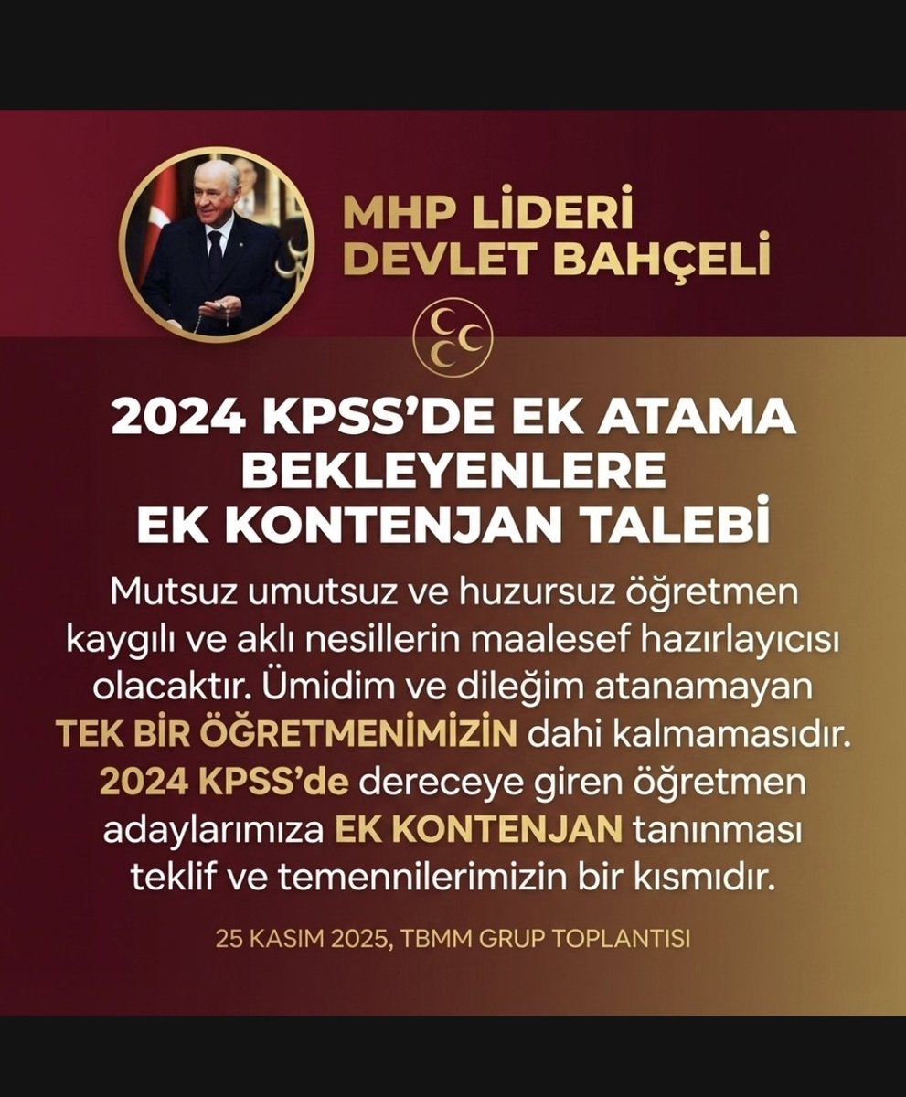 2024 KPSS’de yüksek puan almasına rağmen atanamayan öğretmenler ve aileleri, Sayın <a href="/dbdevletbahceli/">Devlet Bahçeli</a>’nin TBMM’de yaptığı ek atama açıklamalarıyla büyük bir umut kazandı.
Devlet Bey’in verdiği sözlerin arkasında durduğuna inancımız tamdır.
<a href="/PrfDrFilizKilic/">Prof. Dr. Filiz KILIÇ</a>
<a href="/MhpTbmmGrubu/">MHP TBMM Grubu #MHP</a>
<a href="/MHP_Bilgi/">MHP</a>