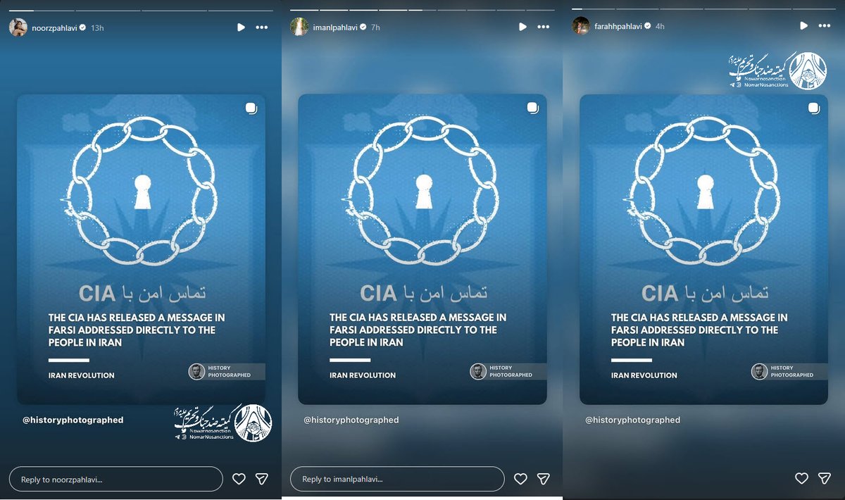 هر سه پتیاره خانواده پهلوی تبلیغ جاسوسی برای سازمان اطلاعاتی کشوری می‌کنند که در آستانه حمله به خاک ایران است.
من اسم این را وطن فروشی نمی‌گذارم چون این سه نه ایران به دنیا آمده‌اند نه فارسی بلدند نه رابطه‌ای با وطن ما دارند.
اما کسی که دنباله رو این جماعت باشد حتما خائن است.