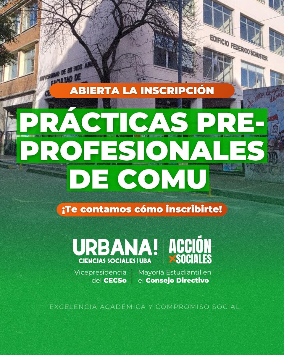 urbanasociales's tweet photo. 📣✨ ¡ABRIÓ LA INSCRIPCIÓN A LAS PRÁCTICAS PRE-PROFESIONALES DE COMU!
👉Es el momento de empezar a dar el salto a la experiencia profesional 💼🙌
Si tenés dudas, escribinos 💬💚
#Comu #SocialesUBA #Urbana #PracticasPreProfesionales https://t.co/iwXta9rz0j