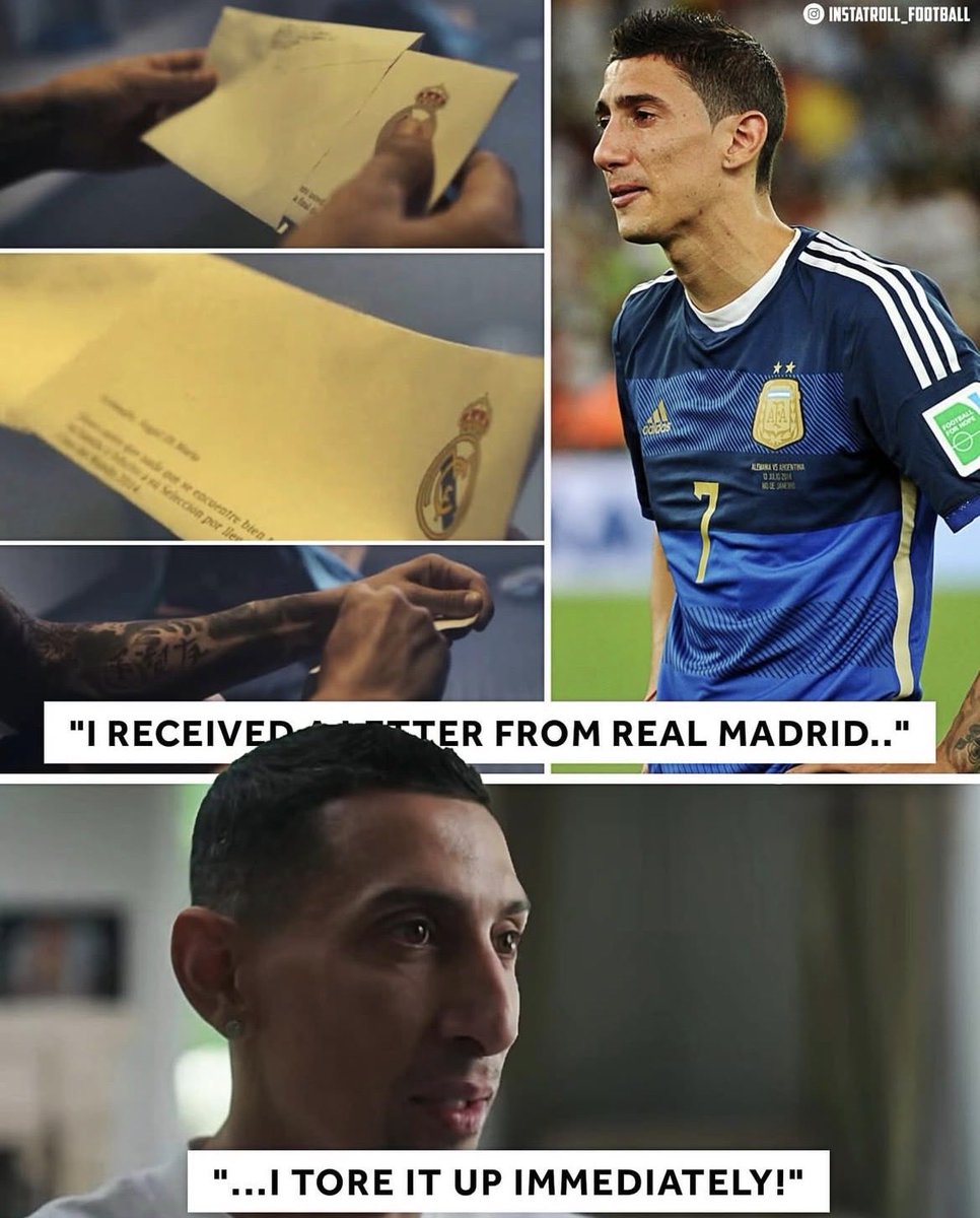 FCBJoeyy's tweet photo. 🚨🗣️Ángel Di María: “On the Morning of
the 2014 World Cup FINAL, I received a letter from Real Madrid..

Telling me they didn't want me to PLAY because I wasn't fit. I TORE it up Immediately!

"I knew what was happening. Everybody had heard the rumours that Real wanted to sign James Rodriguez after the World Cup, and I knew that they were going to sell me to make room for him.

So they didn't want their asset to be damaged. It was that simple. That's the business of football that people do not always see. 
I told Daniel (team doctor) to give me the letter. I didn't even open it. I just ripped it into pieces.”