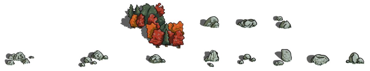 These days, after work in the evenings, I just spend an hour drawing sprites for my game’s world map. Here are some trees in an autumn palette, plus a few rocks.
#2DArt #IndieGame