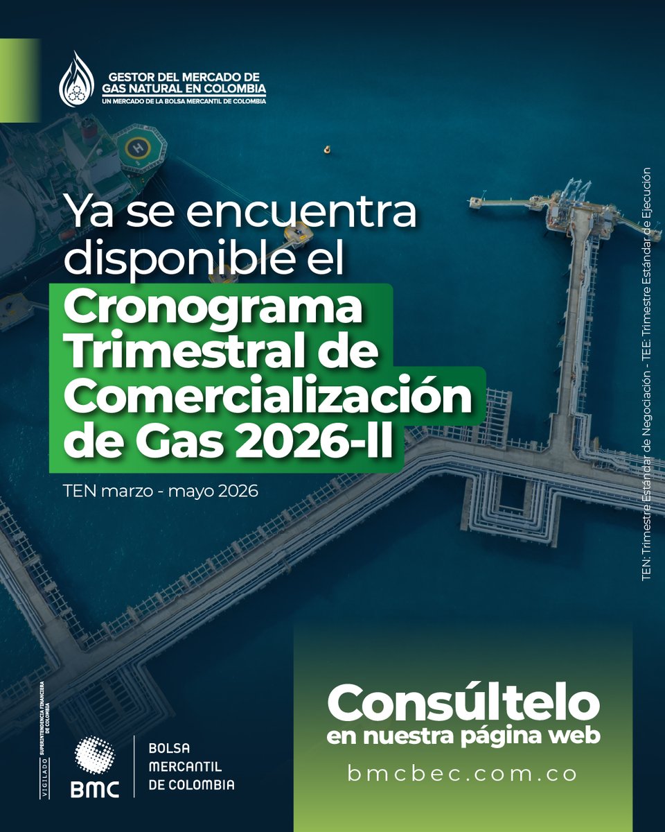 GestorDeGas's tweet photo. 📢 Agentes del mercado de gas natural: ya se encuentra disponible el Cronograma Trimestral de Comercialización de Gas del TEN marzo – mayo 2026.

Consulte las fechas clave para la negociación de contratos de suministro con respaldo físico desde el TEE 1 (jun–ago 2026) hasta el TEE 34 (sep–nov 2034).

Más información en:🔗 https://t.co/EO9tomSzkd