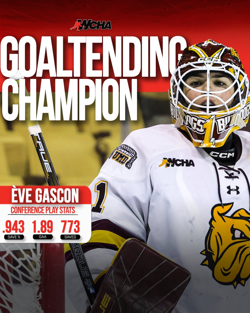WCHA_WHockey's tweet photo. ⭐️2025-26 WCHA Goaltending Champion⭐️

@UMDWHockey's Ève Gascon led all WCHA goaltenders in league play with her .943 save percentage to earn the honor for the first time in her career! https://t.co/B5BoTbhvuK