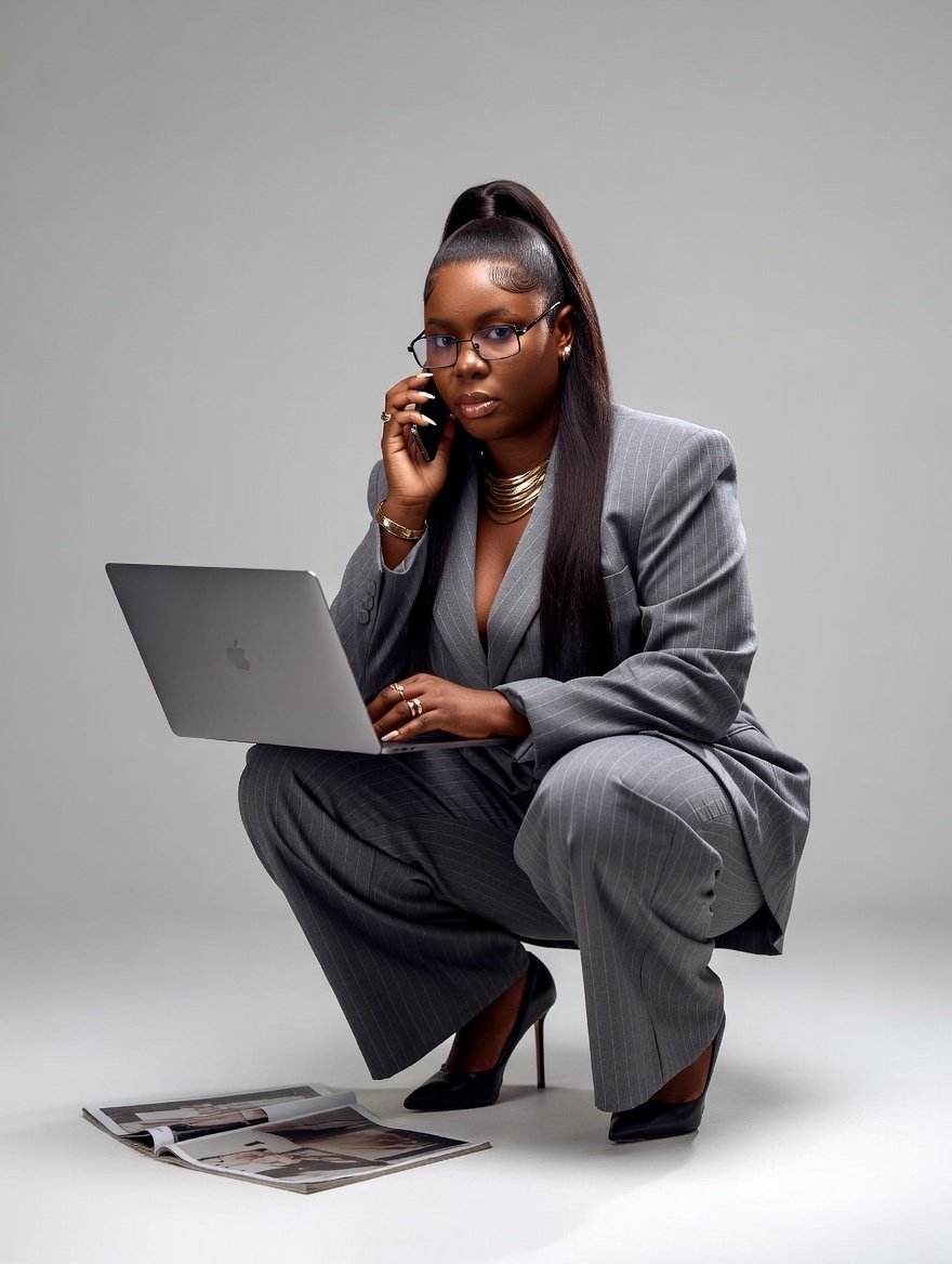 Used #GROK 
Prompt:
Without changing my face generate an Ultra-realistic studio fashion photography of a confident young Black businesswoman crouching on a clean minimalist studio floor while working on a sleek laptop. She is wearing a tailored gray pinstripe oversized pantsuit
