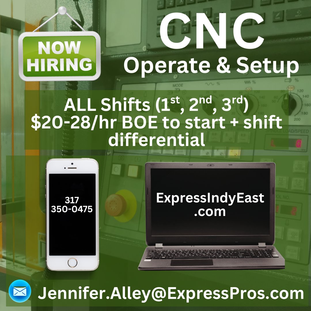 ExpressIndyE's tweet photo. Skilled CNC Setup/Operators needed on the East side of Indianapolis - Reach out TODAY to get started! https://t.co/eObTCslLIu