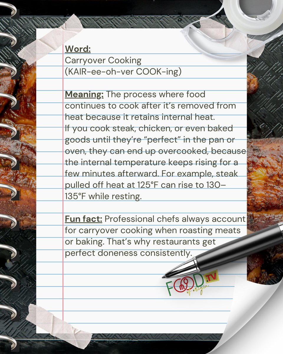 Foodoforiginn's tweet photo. Carryover cooking is the hidden heat that keeps working even after food leaves the stove or oven.🔥 

#culinaryterms #cookingtips #kitchenscience #foodeducation #foodoforigin https://t.co/43ZDwtJSAu