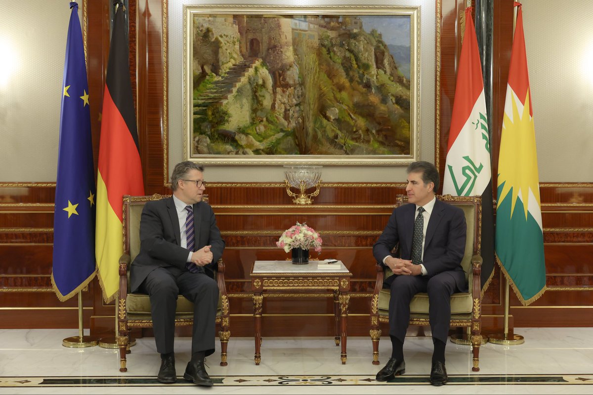 IKRPresident's tweet photo. I’m delighted to have received German State Secretary Géza Andreas von Geyr. I thanked Germany for its longstanding support to the Kurdistan Region and Iraq. We discussed the latest developments in the Middle East and reiterated our shared commitment to regional stability. https://t.co/kU79qYNID4